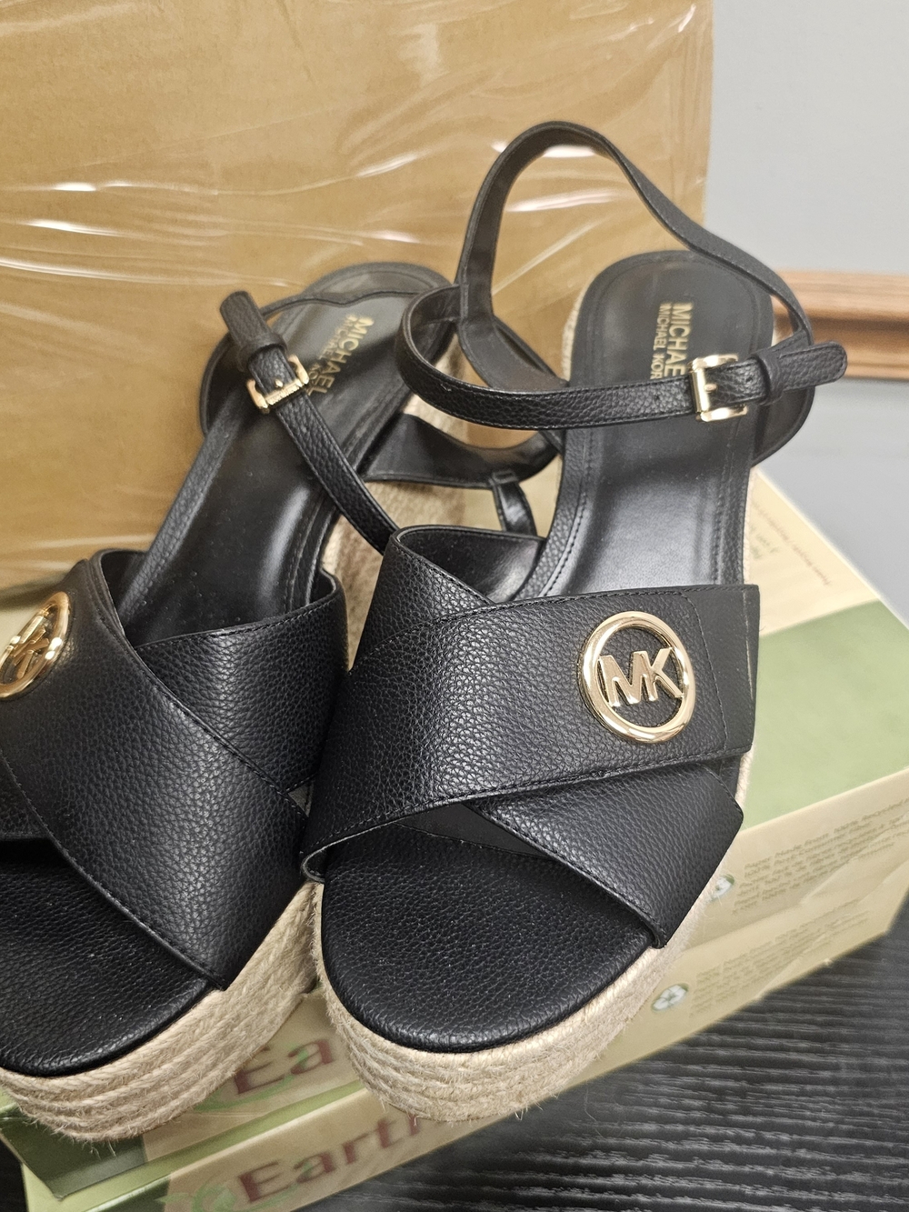 Michael Kors Black Leather Logo Espadrille Wedge Sandals